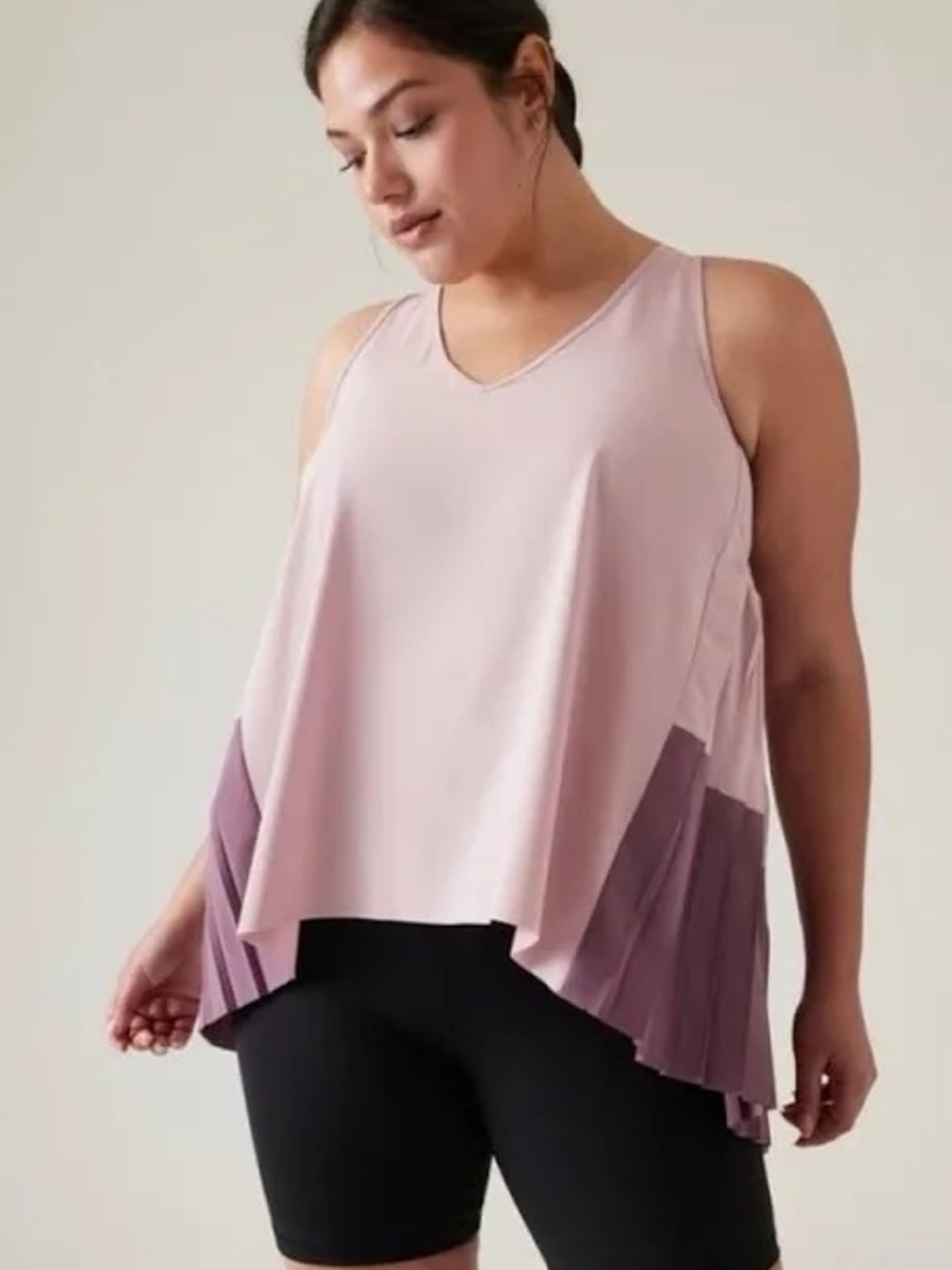 Athleta Swing Forward Pink V‑Neck Pleated Side Panel Tank with Mauve Accents